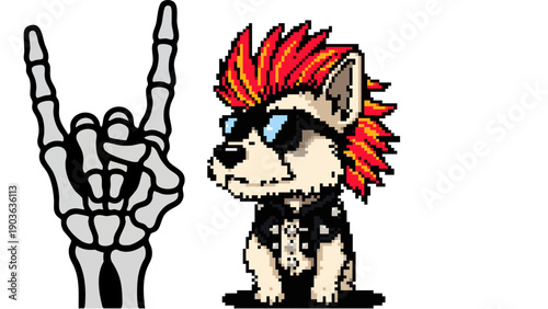 A cartoon dog with a punk rock hairstyle and sunglasses makes a hand gesture in a graphic illustration with a white background.