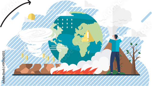 Illustration of a man standing on a hill with a globe surrounded by environmental disaster elements like fire smoke and pollution