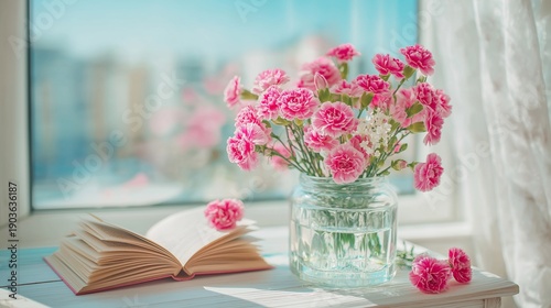A vase of pink flowers sits on a table next to an open book