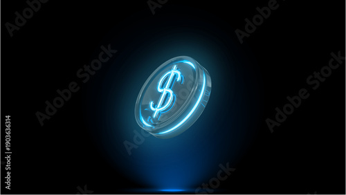 Glowing blue dollar sign on a coin with a neon effect against a dark background with a spotlight.