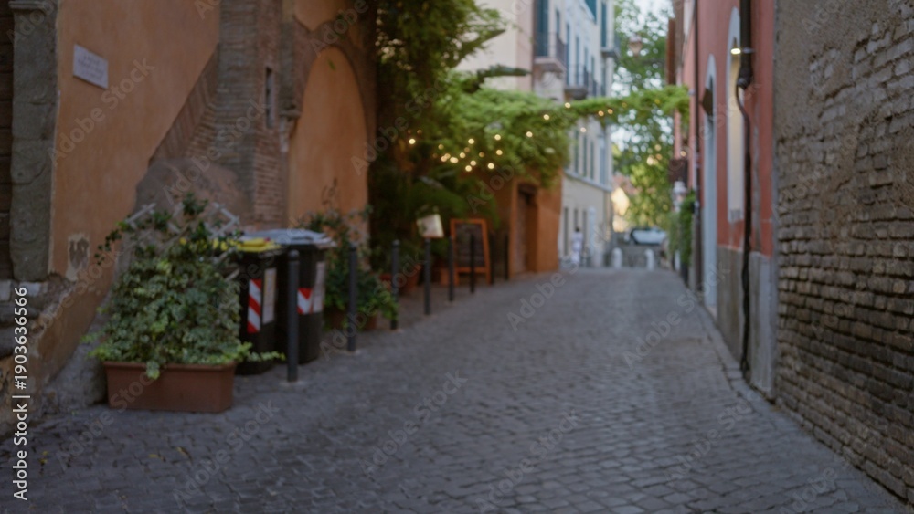 Obraz premium Narrow cobblestone alley soft and defocused, atmospheric city street; background copyspace backplate template.