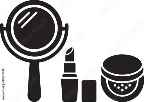 Black vector icons of makeup products and mirror, including lipstick, compact powder, and handheld mirror, isolated on transparent background, png