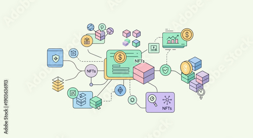 Conceptual illustration of blockchain technology and cryptocurrency transactions.