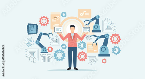 Man controlling robotic arms with technology and automation icons around.