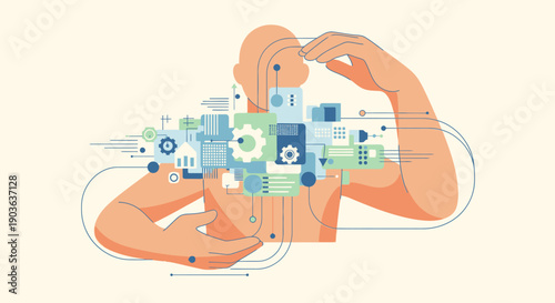 Conceptual illustration of a person interacting with digital technology and data processing.