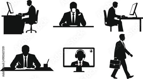 Silhouette of Professional Businessman in Various Office Work Scenarios Including Computer Use, Video Conference, Writing, and Walking with Briefcase for Corporate Business Concept