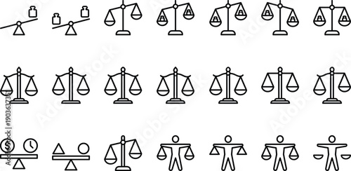 Set of Minimalist Linear Icons Representing Scales of Justice Equality Balance and Comparison of Weight Time Money and Human Life for Law and Business Concepts