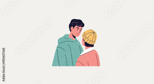 Illustration of a young couple facing each other in casual clothing.