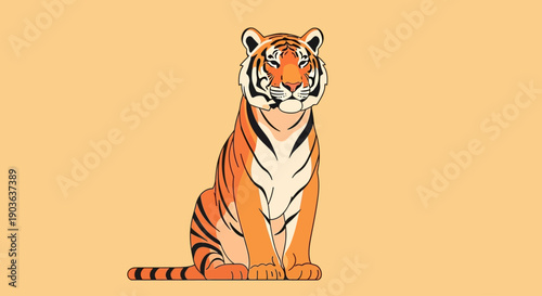 Illustration of a sitting tiger with orange and black stripes on a beige background.