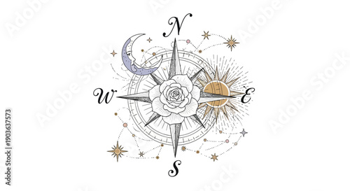 Artistic celestial compass rose with moon, sun, and stars in elegant design.