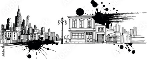 Black line urban city panoramas with modern skyline, street buildings and dynamic ink splatter brush effects isolated on white background