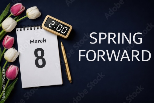 Spring Forward Daylight Saving Time 2026 poster concept with calendar date March 8 and digital clock showing 2 am with tulips on navy background.
