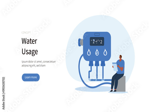 Digital illustration of a person monitoring and managing water usage with a smart device, emphasizing conservation and efficiency