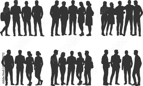 Set of Multiple Silhouettes of Diverse Groups of People Standing and Talking Together, Representing Social Interaction, Business Meetings, or Crowd Dynamics