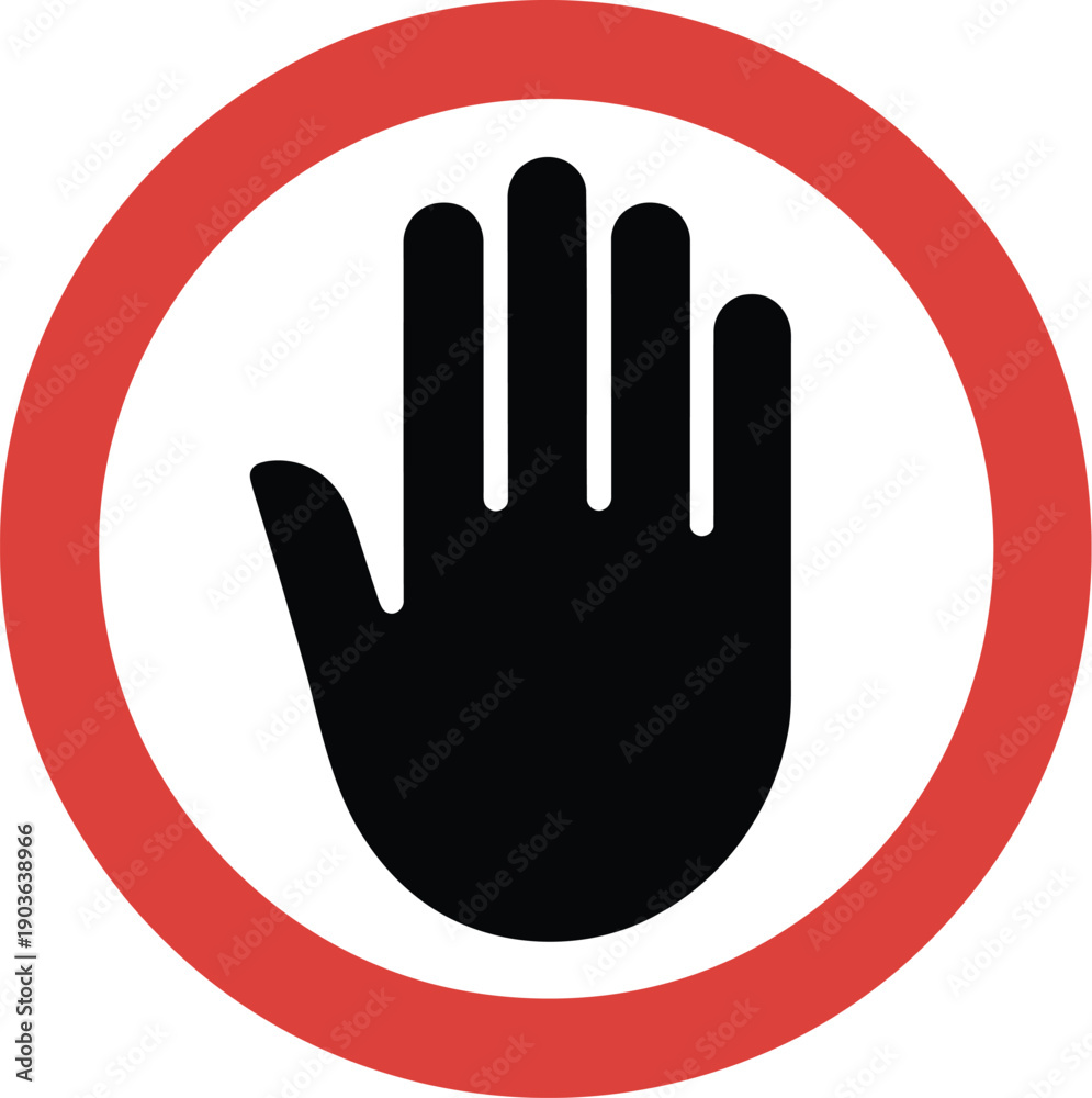 Fototapeta premium Universal stop or halt symbol featuring a raised human hand inside a red circular border, signifying caution, refusal, boundary, or access denied in traffic or informational signage.