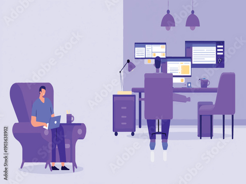 Home office setup showing a person working on a laptop in a comfy chair and another person at a desk with multiple monitors