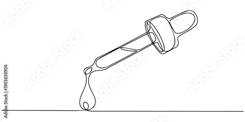 Clear Glass Dropper with Liquid Drop continuous one line drawing, Drops in a bottle with a pipette, serum, cosmetic product one line art. Continuous line drawing of pharmacy, healthcare, drop therapy