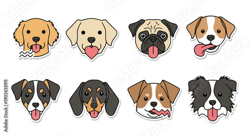 Cute Dog Faces Collection: Diverse Breeds, Cartoon Style, Happy Expressions