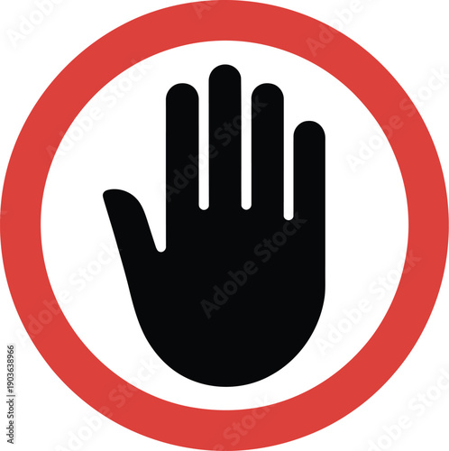 Universal stop or halt symbol featuring a raised human hand inside a red circular border, signifying caution, refusal, boundary, or access denied in traffic or informational signage.