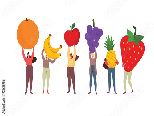 Diverse Group of People Holding Up Various Fresh Fruits Symbolizing Healthy Eating and Lifestyle