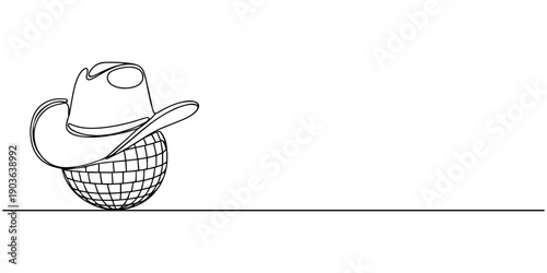 One continuous line illustration of a disco ball, isolated on white background, Dynamic one line art rendering of a shining mirrored disco ball accompanied by starry accents and an energetic