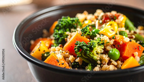 Nutritious lunch in black plastic bowl, colorful vegetables and grains, appetizing culinary dish. Tasty food.