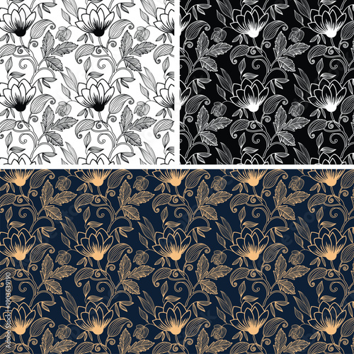 Luxury Floral Seamless Pattern with Botanical Line Art