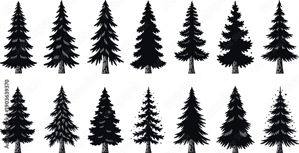 Fototapeta premium Black silhouette collection of evergreen pine and fir trees for forest, winter and nature landscape design isolated on white background