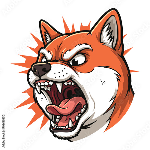 Fierce shiba inu dog head mascot with aggressive expression baring sharp teeth on burst background