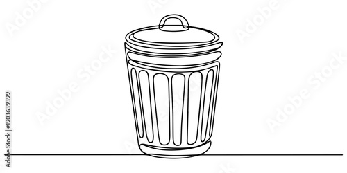 One line drawing of a trash can filled with crumpled paper, One line drawing of a trash can filled with crumpled paper, one continuous line drawing of a tall plastic trash can with a lid for waste