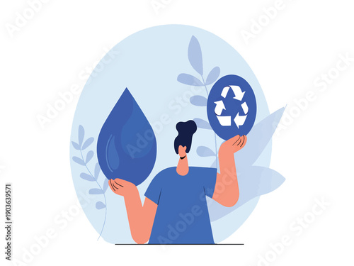 Person holding water drop and recycling symbol illustration promoting sustainability