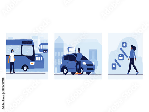 Icons depicting transportation methods bus, car, and walking for urban mobility