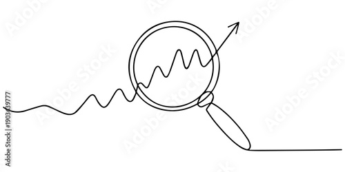 continuous line drawing magnifying glass and arrow cursor icon symbol for search illustration in contour line, continuous line magnifying glass and bar graph business looking icon, fast growing