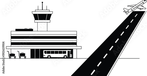 Black and white line art illustration of an airport terminal with control tower shuttle bus runway and airplane taking off for travel and aviation,