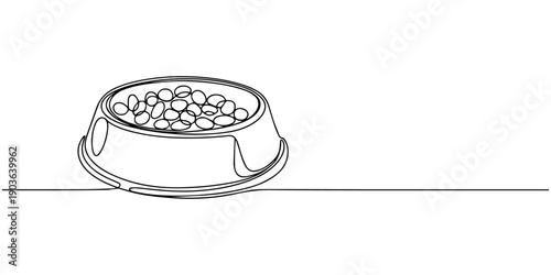 pet food continuous one line drawing, pet bowl full of dry food continuous one line drawing, Full bowl of pet food. Hand drawn doodle. Caring for animals. Feeding cat and dog. Dry or wet. Health care.
