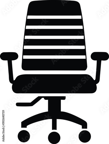 Black office chair with horizontal stripes on backrest and armrests, on wheels, Isolated on transparent background