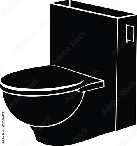 black toilet vector icon, bathroom fixture, plumbing symbol, toilet bowl and tank, isolated on transparent background