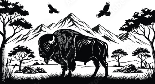 Black and white woodcut illustration of a powerful American bison standing in a mountain landscape with trees and flying birds for nature wilderness,