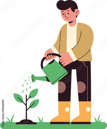 Sapling tree care, person planting a small tree in a stylized, man watering young tree, gardening and eco care flat vector illustration
