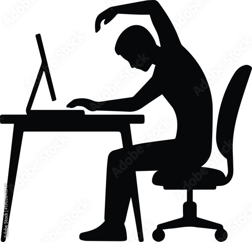Silhouette of person stretching at desk with computer and chair abstract adult