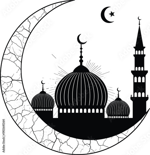 Black silhouette of a mosque with domes and minaret framed by a large crescent moon for Ramadan Kareem Eid Mubarak Islamic culture and religion,