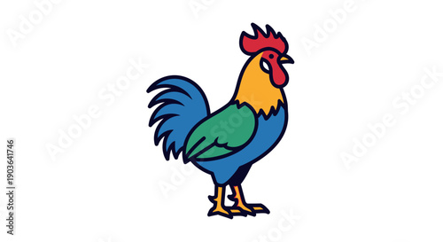 Vibrant Colorful Rooster Farm Animal Standing, Lively Rural Countryside, isolated white background