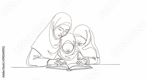 Continuous line drawing of a Muslim mother and her two daughters reading a book together, symbolizing education and family bonding.