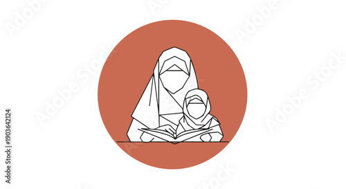 Muslim Mother and Daughter Reading Together, Islamic Family Education, Religious Learning, Cultural Heritage, Simple Line Art Illustration