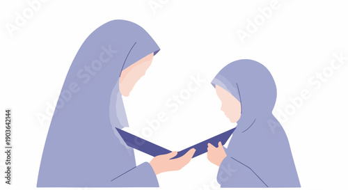 Muslim mother and daughter wearing hijabs, sharing a book, symbolizing education, family bonding, and Islamic culture.