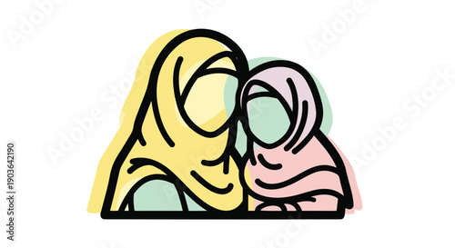 Minimalist vector illustration of a Muslim woman and child wearing hijabs, symbolizing family, community, and Islamic culture. Soft pastel colors, clean line art design.