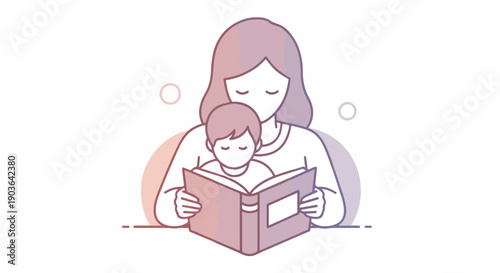 Mother and child reading a book together, a heartwarming illustration depicting family bonding, education, and storytelling. Perfect for themes of childhood development and literacy.