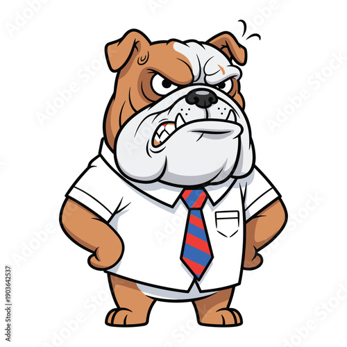 Angry bulldog wearing shirt and tie looking furious