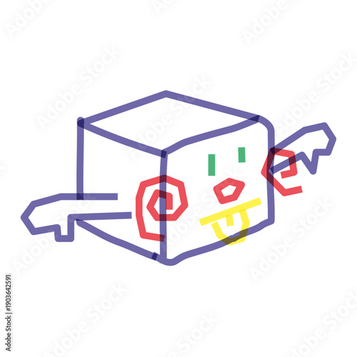 Happy blue cube character waving and smiling in a funny carnival block doodle style