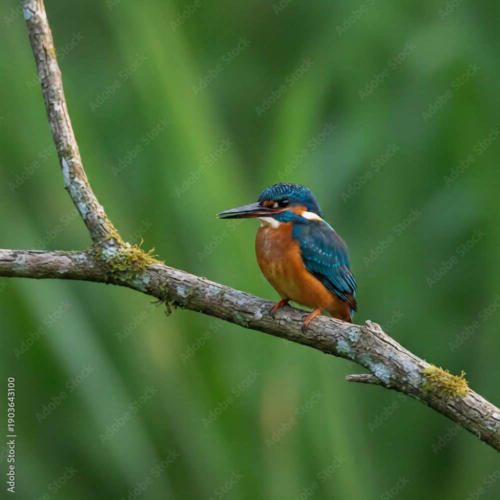 Fototapeta premium Common Kingfisher Perched on Branch with Green Bokeh Background